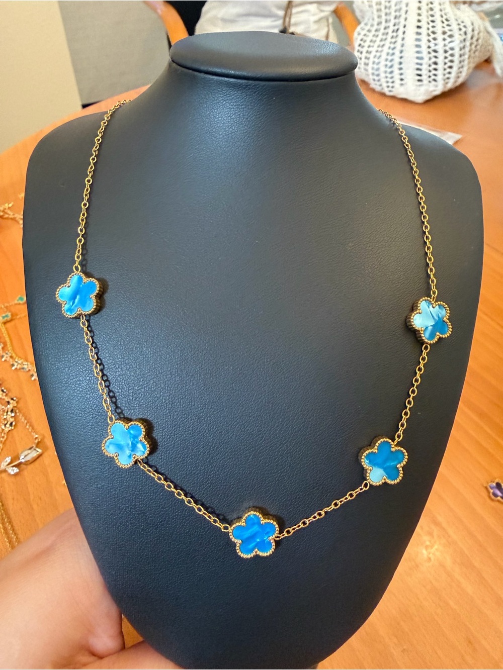 Gold Chain Necklace with Blue Clover Flower Motif
